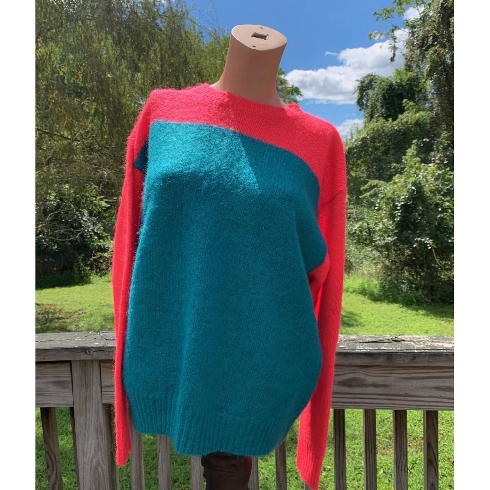 VINTAGE 1980s STEPHEN SPROUSE COLOR BLOCK RED BLUE MOHAIR SWEATER ~ LARGE - Picture 3 of 9